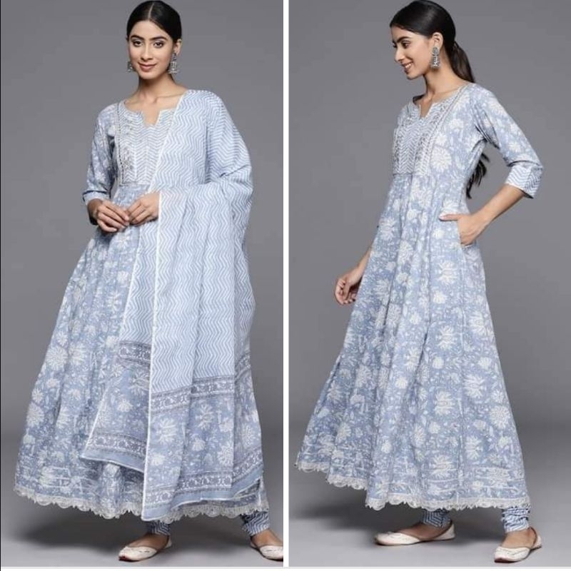 🔹️((งานแบรนด์))🔹️ชุดอินเดียแบบเดรส เซต 3 ชิ้น Floral Printed Pleated Gotta Patti Pure Cotton Kurta w