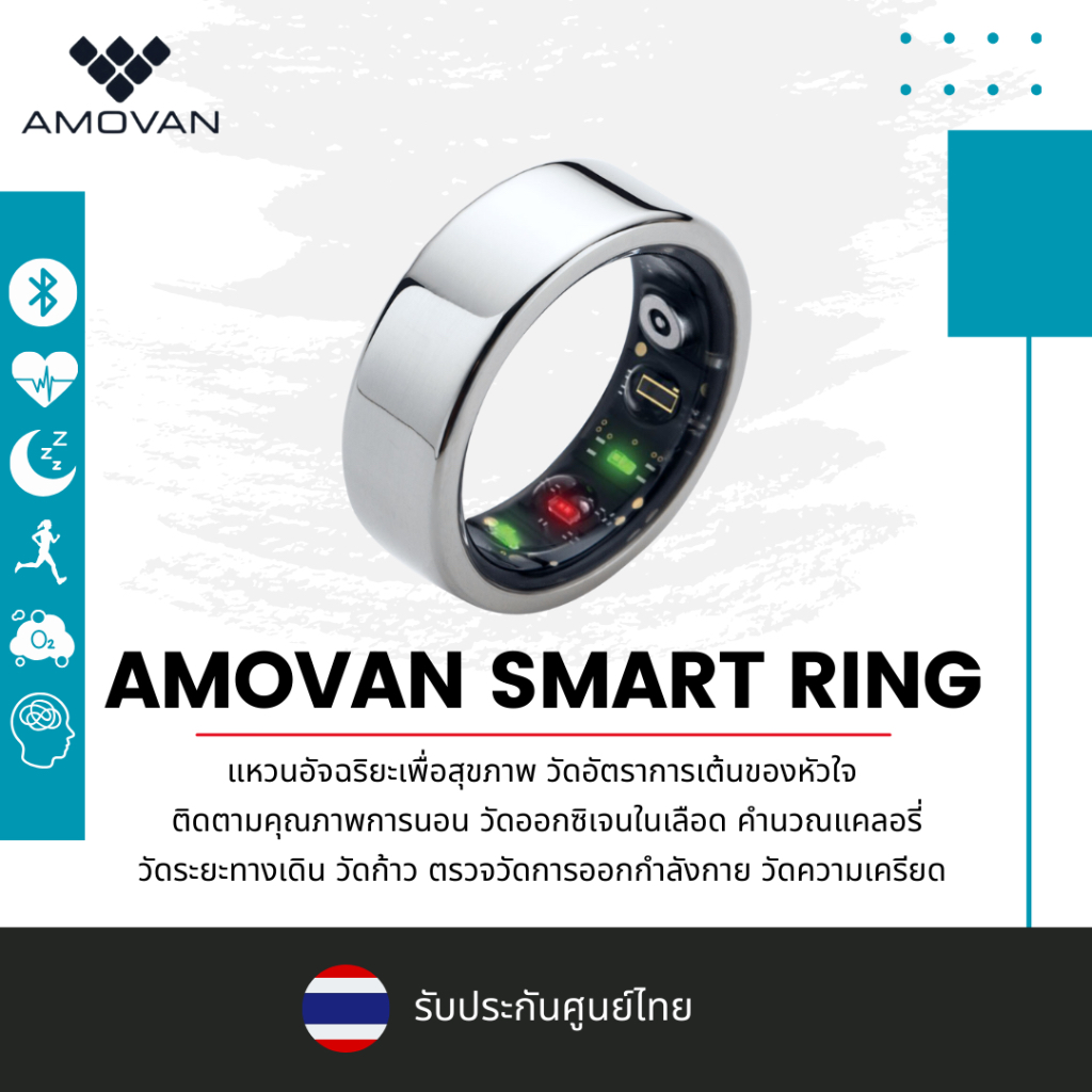 Amovan Smart Ring (สีเงิน) แหวนอัจฉริยะเพื่อสุขภาพ วัดอัตราการเต้นหัวใจ ออกซิเจนในเลือด คุณภาพการนอน