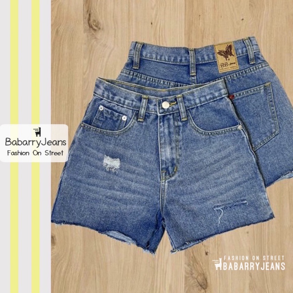 BabarryJeans กางเกงยีนส์ขาสั้น เอวสูง ผญ ยาว 13 นิ้ว สะกิดขาด สียีนส์ฟอก