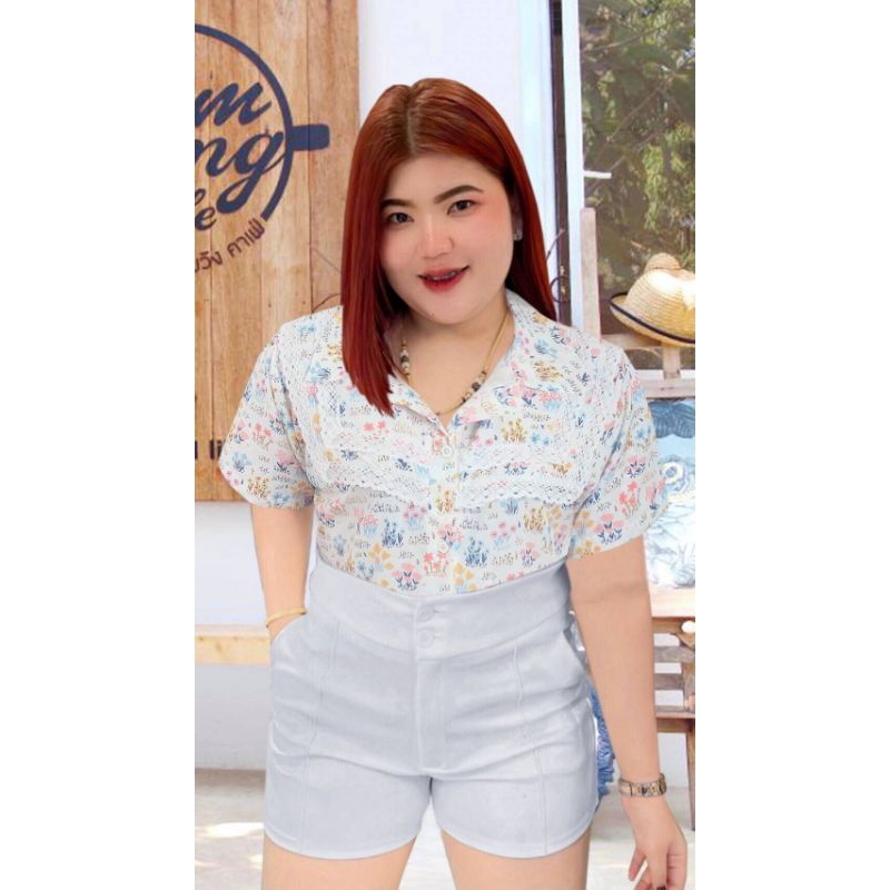 RN203.เสื้อเชิ๊ตสาวอวบลายดอกหญ้าแต่งลูกไม้ถักเหลี่ยม2ชั้น หน้าผ้า50งานสวย - รูปที่ 2