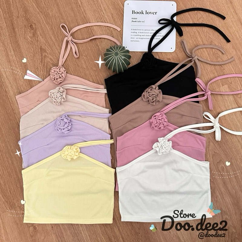 ♦️DOODEE2♦️เสื้อเกาะอกคล้องคอ แต่งดอกกุหลาบตรงอก ผ้าร่องใหญ่