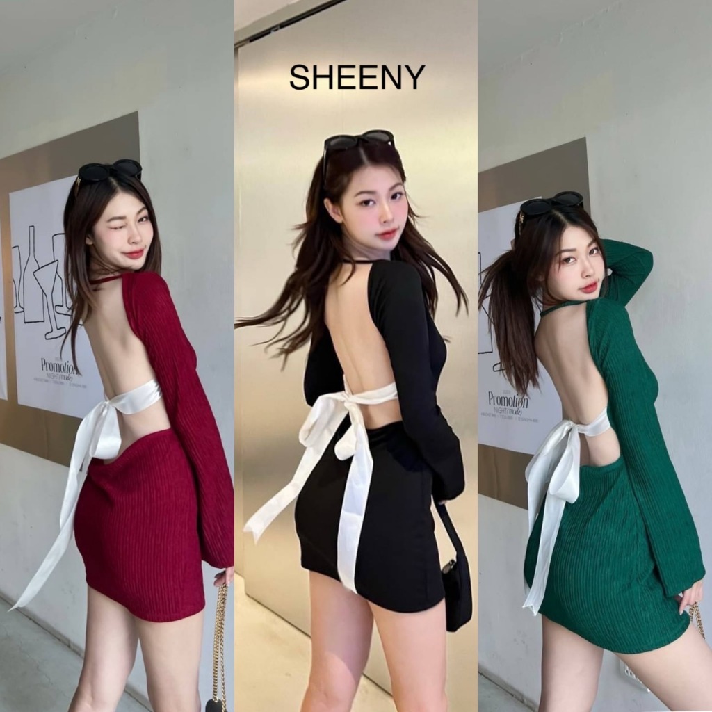 เดรสโชว์หลังแขนยาว เวียดนาม เดรสสั้นเซ็กซี่มีโบว์หลัง สายฝอ งานเสื้อผ้าแนวเวียดนาม (ไซส์ M+) ป้าย Sheeny.