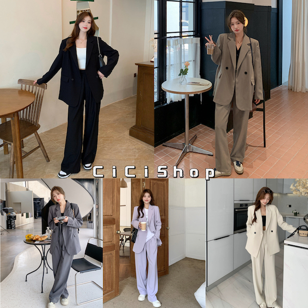 Cicishop(5135)SET2ชิ้น เสื้อสูทเบลเซอร์เเขนยาว+กางเกงขายาวเอวสม็อกหลัง มีซับใน เสริมบ่า กระเป๋าใช้งานได้จริงใส่ทำงานออกง