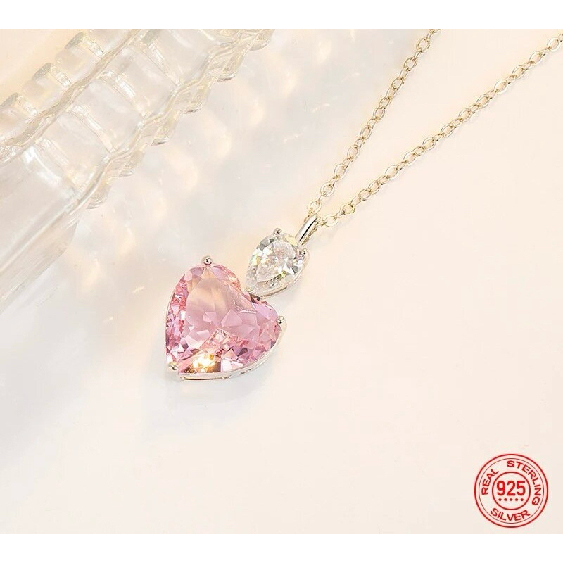 New Moon | Rose Pink Heart สร้อยคอจี้เพทายทรงหัวใจ สไตล์เกาหลี สร้อยเงินแท้