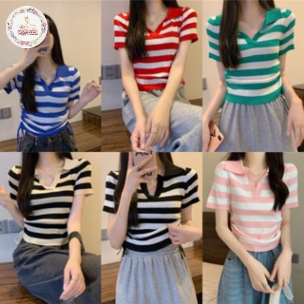 SALABO(พร้อมส่ง) เสื้อยืดไหมพรม ลายทาง ไหมพรมคอวี เเต่งเชือกรูด2ข้าง สีสดใส #A36