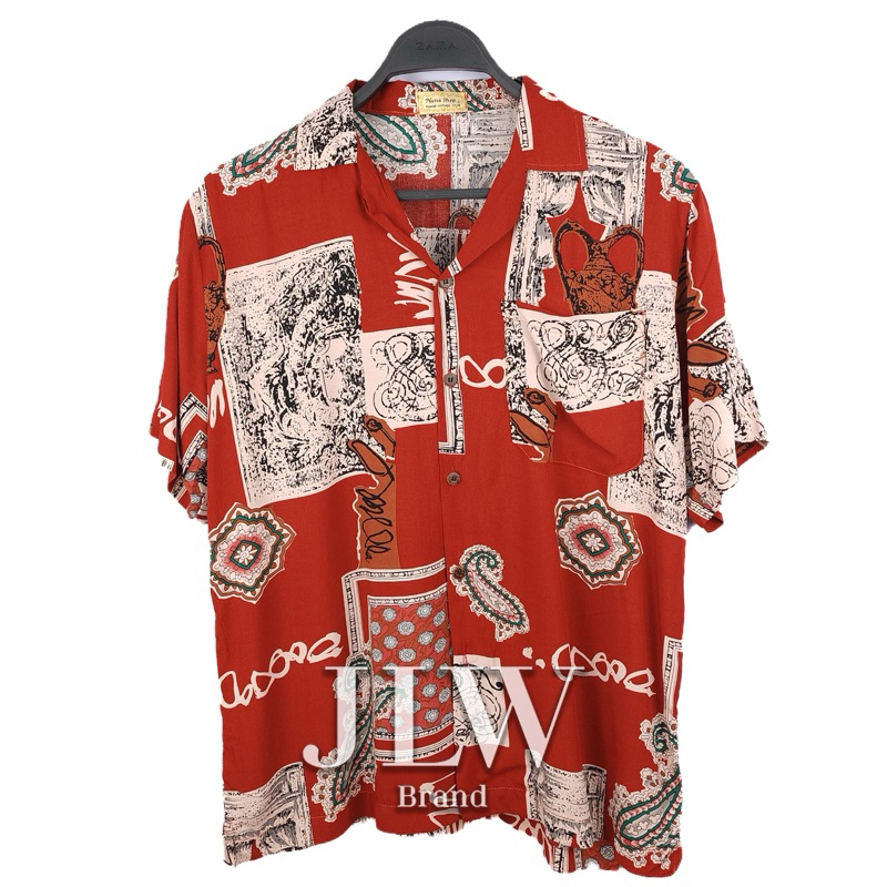 เสื้อฮาวาย ตรุษจีน ลายกรอบทอง แดง ผ้านิ่มใส่สบาย JLW BRAND ผ้าเรย่อน