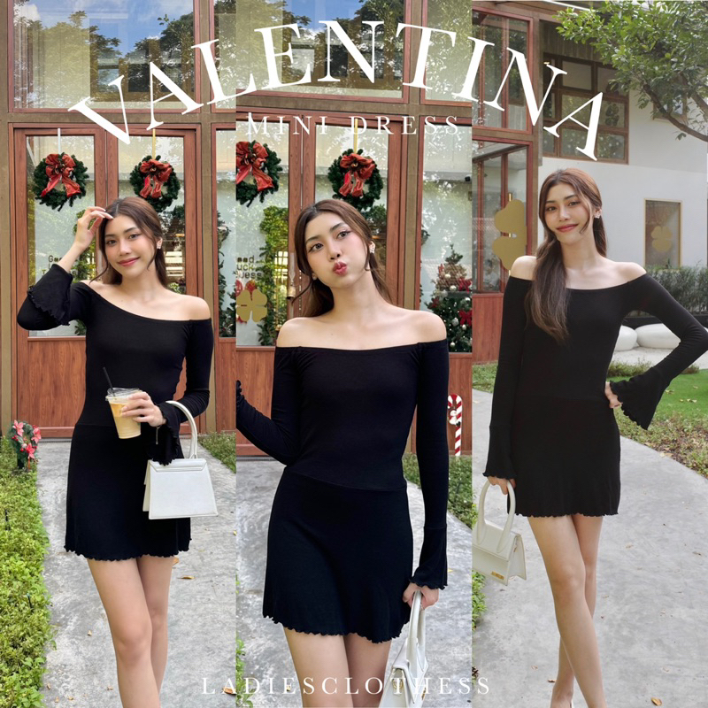 LADIESCLOTHESS #LC300 VALENTINA MINIDRESS มินิเดรส เดรสเปิดไหล่ เดรสสีดำ