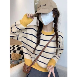 💕Miki-Shop*พร้อมส่ง*เสื้อแขนยาวไหมพรม ทรงหลวมตัดสีแมทได้ทุกสไตล์ผู้หญิง2693*