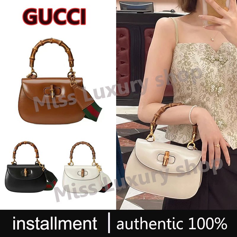 Gucci Bambooกระเป๋าถือกระเป๋าสะพายข้างของแท้100%