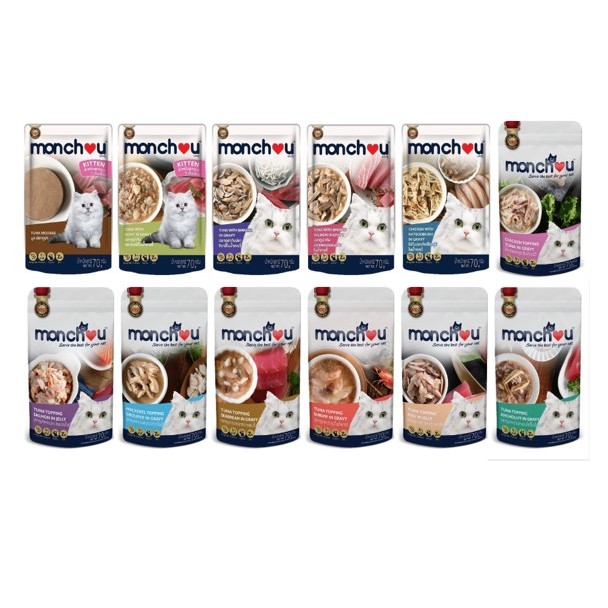 อาหารเปียกแมว monchou 70 g. 12 ซอง คละรสได้