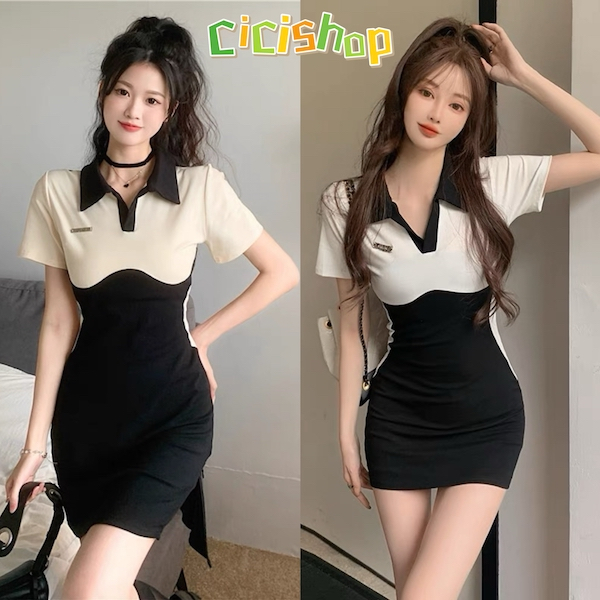 Cicishop(70167)มินิเดรสคอปกผ้าไหมพรม สีทูโทน ดีเทลแต่งอะไหล่เล็กตรงอก ทรงสวย สไตล์สาวหวาน