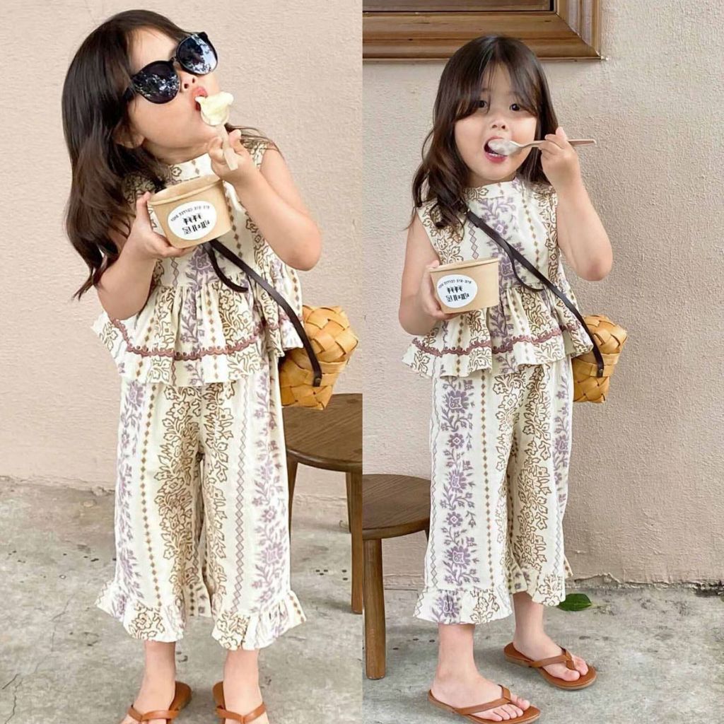 Little Piglet พร้อมส่ง ชุดเซ็ท ลายดอกไม้ แขนกุด ขายาว น่ารัก เด็กผู้หญิง