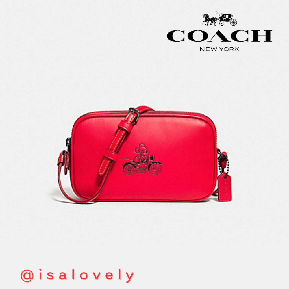 📌Isa Lovely Shop📌 ⚠️มีตำหนิ⚠️  COACH F59072 CROSSBODY POUCH IN GLOVE CALF LEATHER WITH MICKEY color: Bright Red