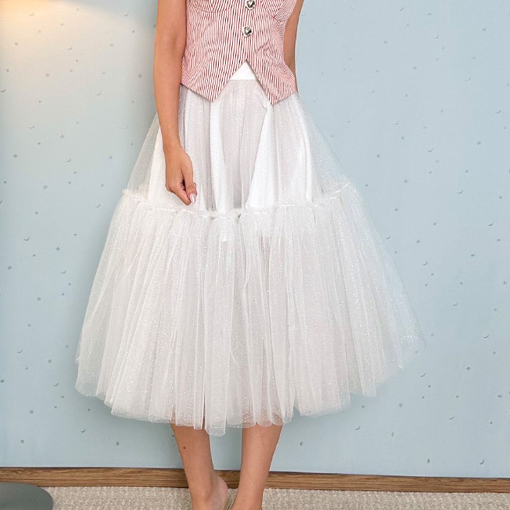 LUCA STUDIO_White Callie skirt - กระโปรงผ้าตาข่าย Glitter สีขาว ทรงบานตัดต่อรูประบาย2ชั้น มีซับใน ซิปซ่อน