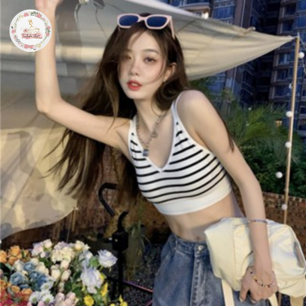 SALABO(พร้อมส่ง) สปอร์ตบรา มีฟองน้ำในตัว ใส่สบาย ชุดชั้นใน แต่งลายขวาง ฟรีไซส์ #1349