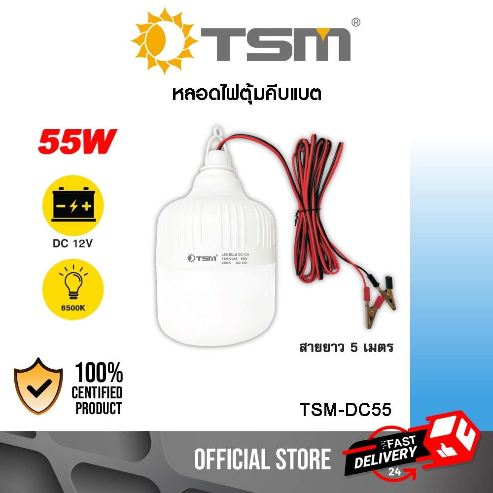 หลอดไฟ LED ใช้ไฟ DC 12V พร้อมสายปากคีบ แสงสีขาว 55W สายไฟยาว 5 เมตร รุ่น TSM-DC55