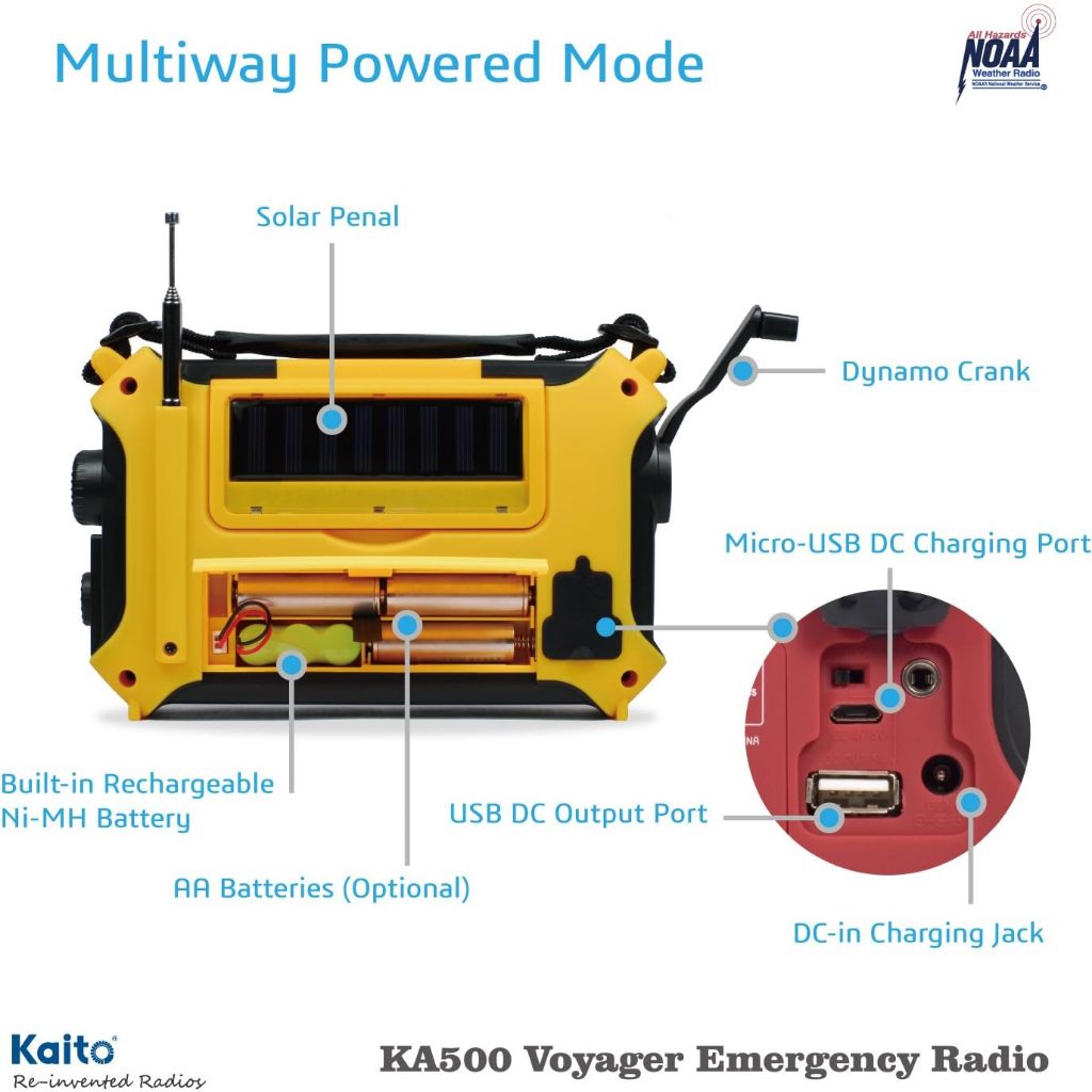วิทยุมือหมุน USA Imported - Kaito KA500 5-way Powered Solar Power, Dynamo Crank Radio, Wind Up Emergency AM/FM/SW/NOAA