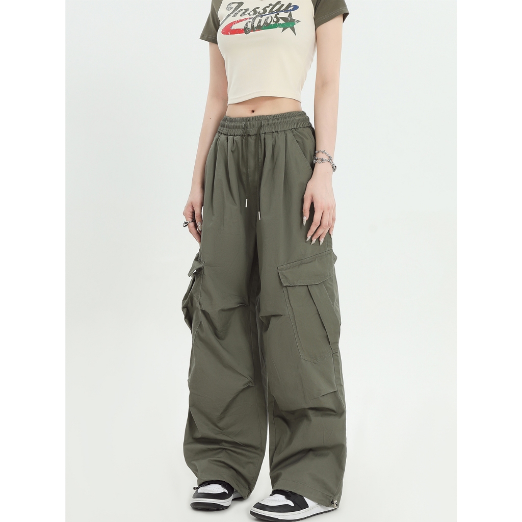 cherryshop🍓กางเกงคาโก้😊สีเขียวเอวสูงหลวมกางเกง cargo pantsสีดำ - รูปที่ 2