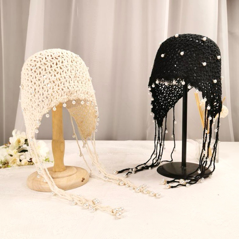 (พร้อมส่ง )   หมวกไหมพรมถักประดับไข่มุก ⚪️ หมวกบักเก็ต