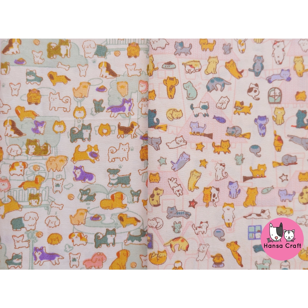 ผ้าคอตตอนแท้ 100% ลายน้องหมา น้องแมว หน้ากว้างมาก 160 ซ.ม. ผ้าเมตร ผ้านำเข้าพร้อมส่งจากไทยไม่ต้องรอพรีออเดอร์