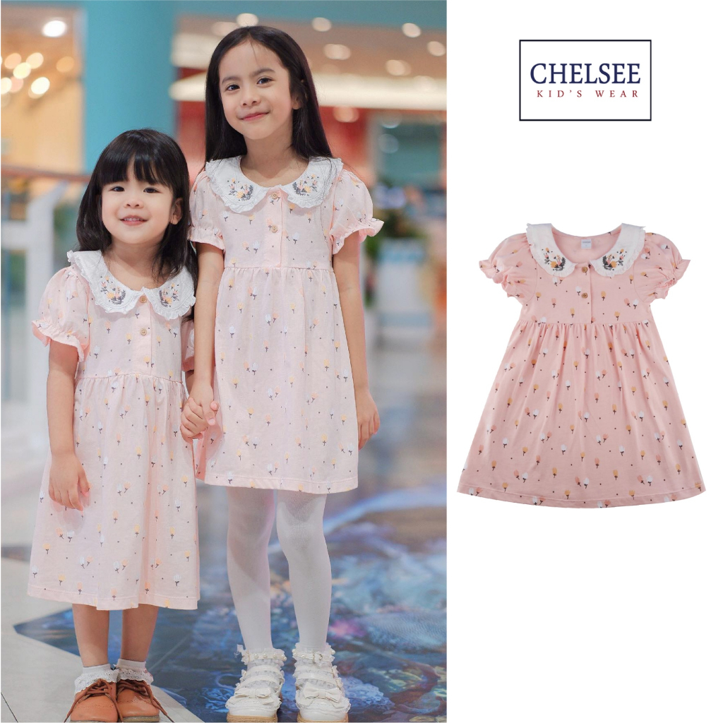 Chelsee ชุดเดรสกระโปรง เด็กผู้หญิง รุ่น 237934 คอกลมปกบัว ลายดอกไม้ ผ้า 100%Cotton อายุ 2-9 ปี เสื้อผ้าเด็ก