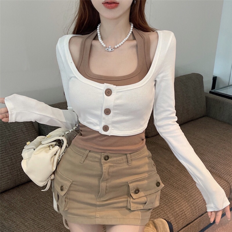 Lady_Sakura✨793/BO# SET 2 ชิ้น สายเดี่ยวคล้องคอ+เสื้อคลุมคอกว้างแขนยาว ดีเทลกระดุมหน้า 3 เม็ด