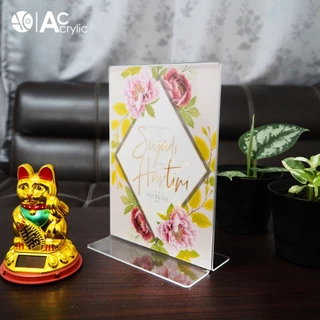 ป้ายอะคริลิคตั้งโต๊ะ A5 แนวตั้ง 15x21.5 cm อะคริลิคใส 2 หน้า ทรง T (A5P2P)