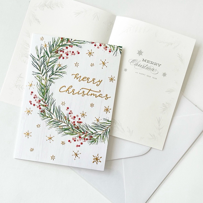 NEW. การ์ดคริสต์มาส พิมพ์ฟลอยด์ทอง เรียบหรู Christmas card ด้านใน สามารถเขียนข้อความ