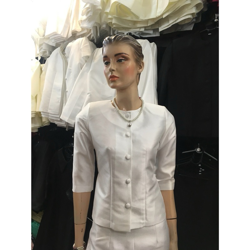 เสื้อไทยเรือนต้น สีขาว ผ้าไหมอิตาลีเกรดเอ Thaidress