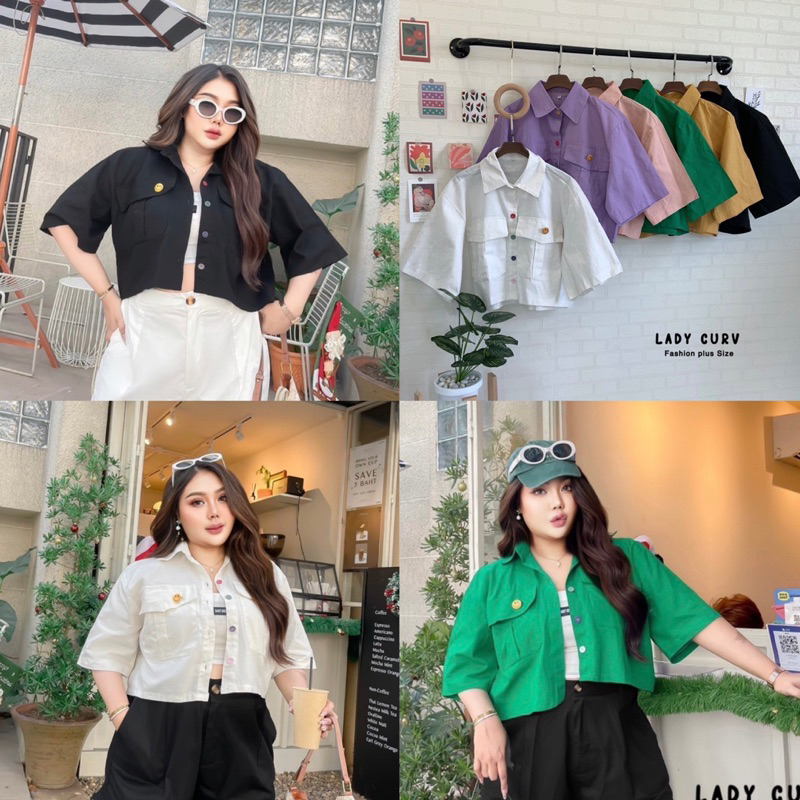 D เสื้อครอปขอปก กระดุมสีรุ้ง ผ้าฝ้ายเนื้อหนา