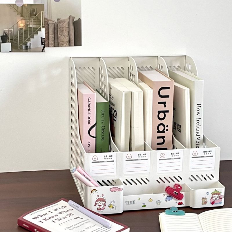 ชั้นวางหนังสือ มีช่องเก็บปากกา กล่องใส่แฟ้ม ใส่A4 ได้（ฟรีสติ๊กเกอร์）ชั้นวางเอกสาร แฟ้มใส่เอกสาร