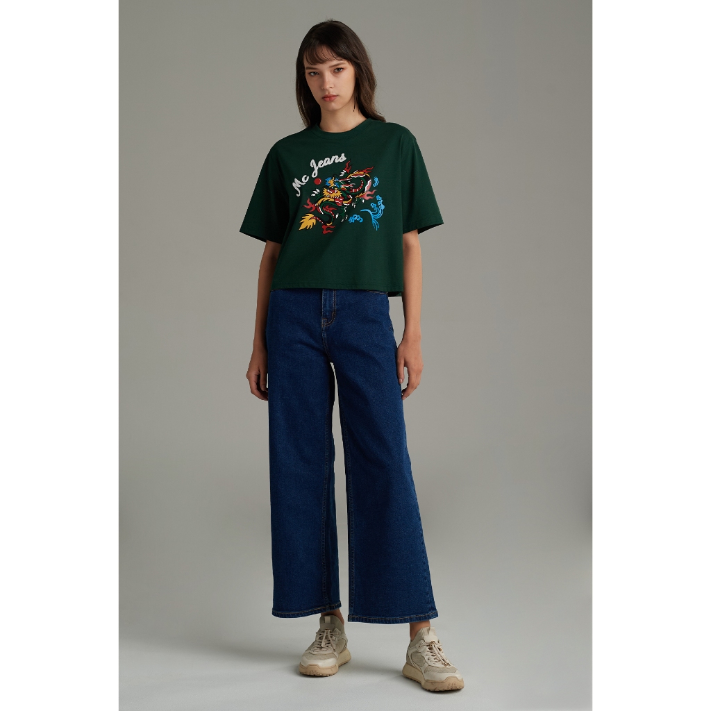 Mc jeans เสื้อยืดผู้หญิง ทรงครอปโอเวอร์ไซส์ คอกลม สีเขียว MTSZB25