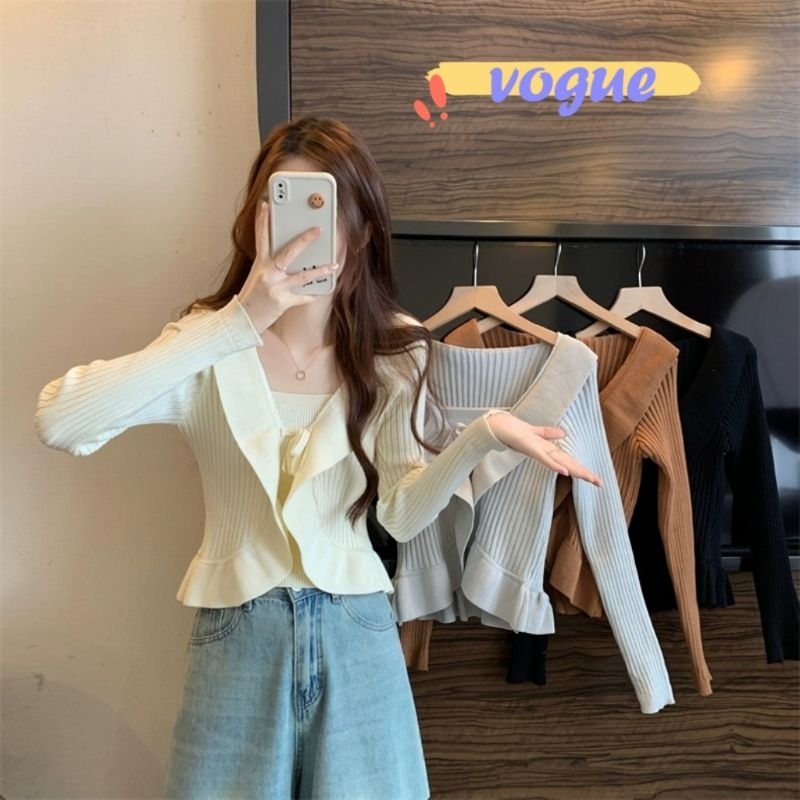 Vogue🌟พร้อมส่ง🌟 เซ็ต เสื้อคลุมไหมพรม+สายเดี่ยว ผ้าร่องใส่สบาย สีพื้น (P08+P08-1) -C