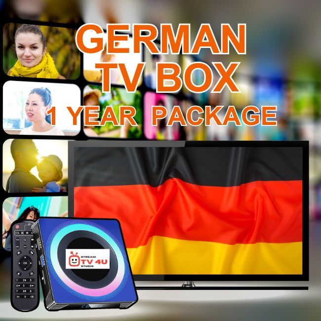 German TV box + 1 Year IPTV package, TV online through our awesome TV box. And ready to use, clear picture 4K FHD.