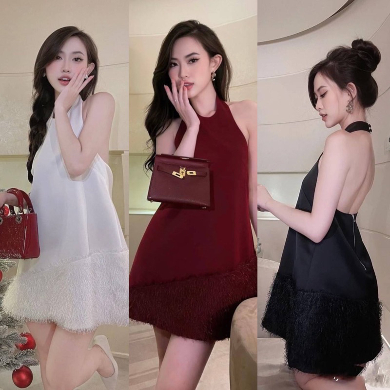 Teera พร้อมส่ง เดรสสั้นคล้องคอกระดุมคอหลังซิปหลัง+ ยางยืด ชายกระโปรงแต่งผ้าขนนก เรียบหรูสุดปัง
