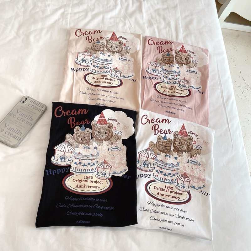 Sugarbeetshop | S305 Cream Bear 1962 หมีม้าหมุน เสื้อยืดโอเวอร์ไซต์ ผ้าคอตตอน