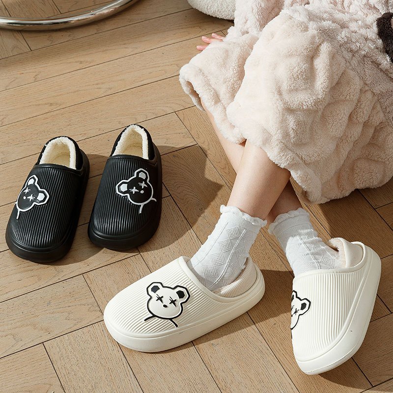 [F0611] รองเท้าใส่ในบ้านบุขนนุ่มลายหน้าหมี (มีให้เลือกหลายสี) สลิปเปอร์ รองเท้าแตะผ้าฝ้าย