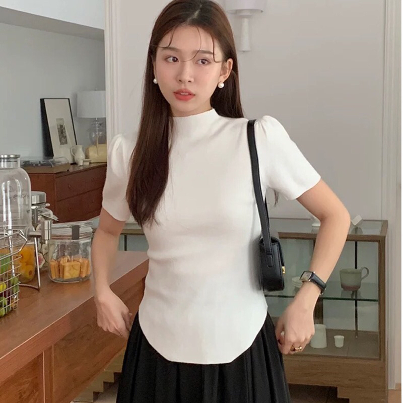 Lady_Sakura 2372/BA#เสื้อแฟชั่นคอเต่า ชายเหลี่ยม#เสื้อใหมพรม แขนสั้น ทรงเข้ารูป เนื้อผ้านิ่ม