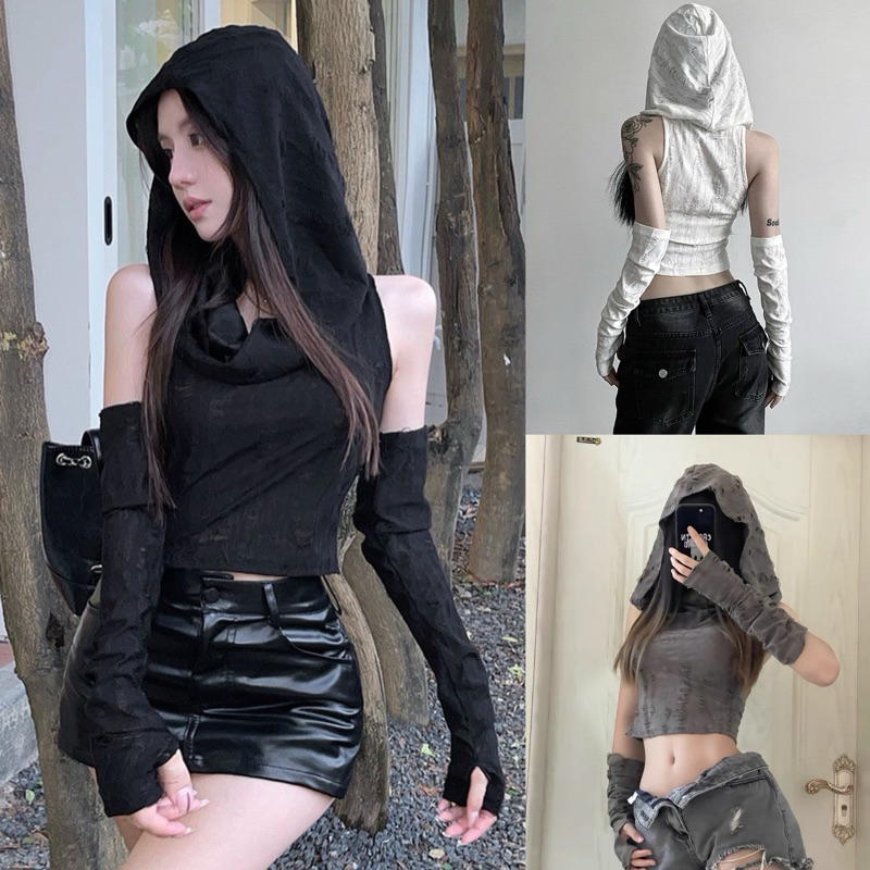พร้อมส่งในไทย (สีดำ/ขาว/เทา)เสื้อฮูด แขนกุด มีปลอกแขน สไตล์สตีทโคฟเวอร์