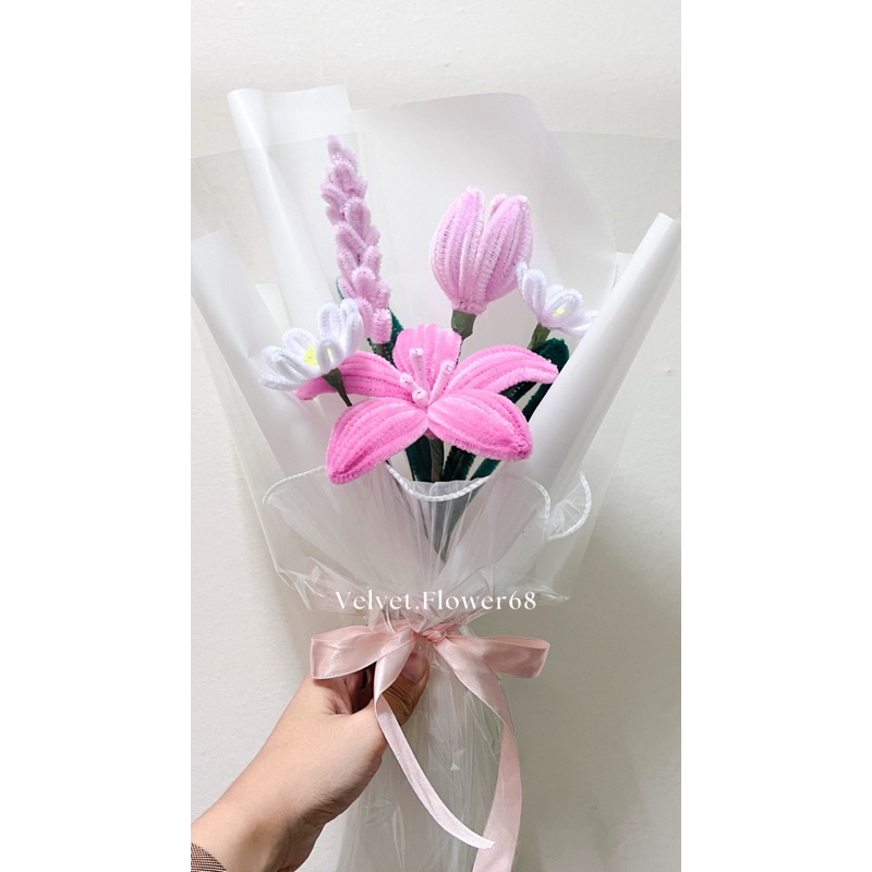 (พร้อมส่ง) ช่อดอกลิลี่สีชมพูล้วนM ช่อดอกไม้ประดิษฐ์ลวดกำมะหยี่ โทนพาสเทล