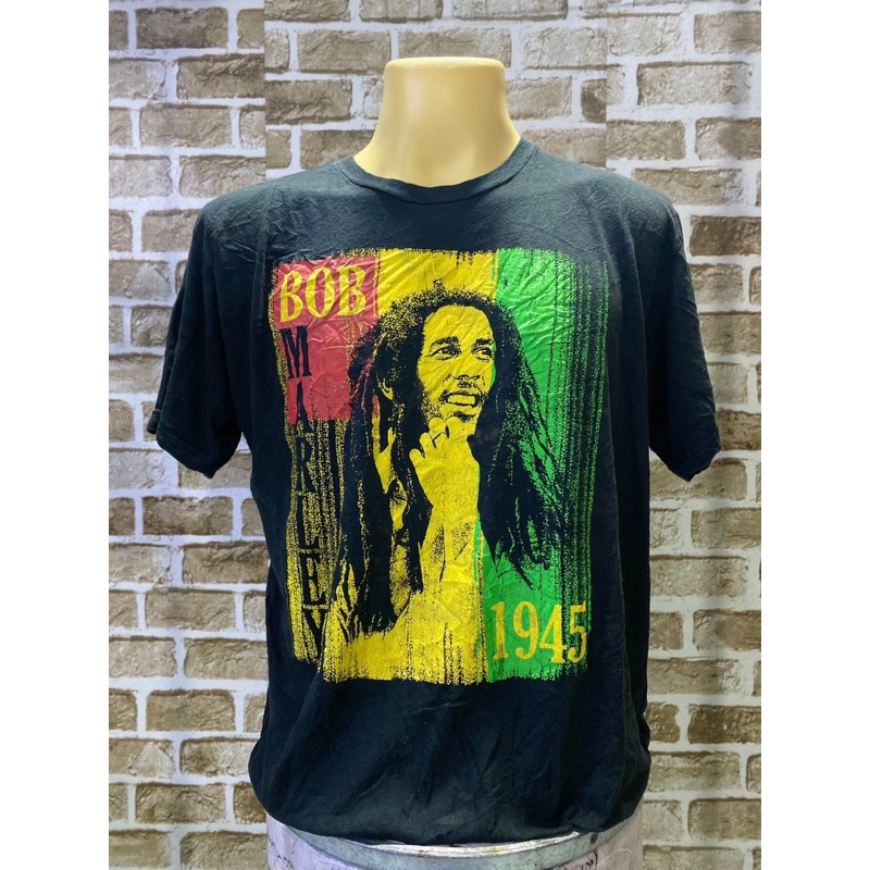 เสื้อวินเทจ Bob Marley 1945 Rock Zion Rootswear Shirt Large Reggae Music Black Short Sleeve XL