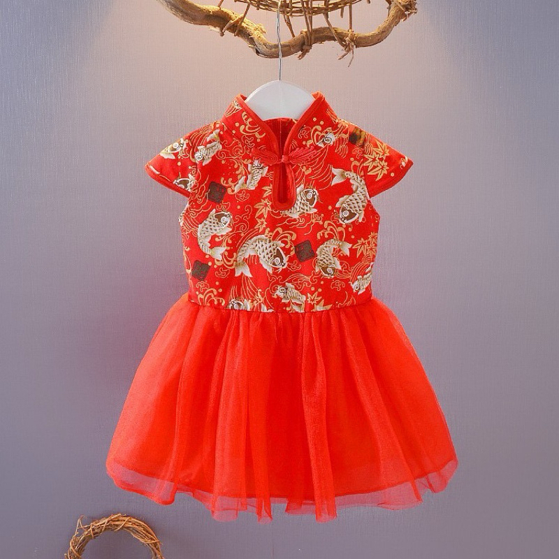 (050)🇹🇭ชุดตรุษจีนเด็ก ชุดกระโปรงตรุษจีน กี่เพ้าเด็กผู้หญิง  พิมพ์ลายดอกไม้เหมย