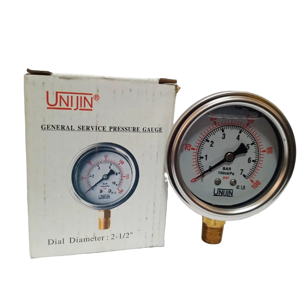 เพรสเชอร์เกย์ PRESSURE GAUGE UNIJIN [ชนิด มีนํ้ามัน, ไม่มีนํ้ามัน][ขนาด 2 1/2"][แรงดัน 0-7 Bar/KPa/PSI]