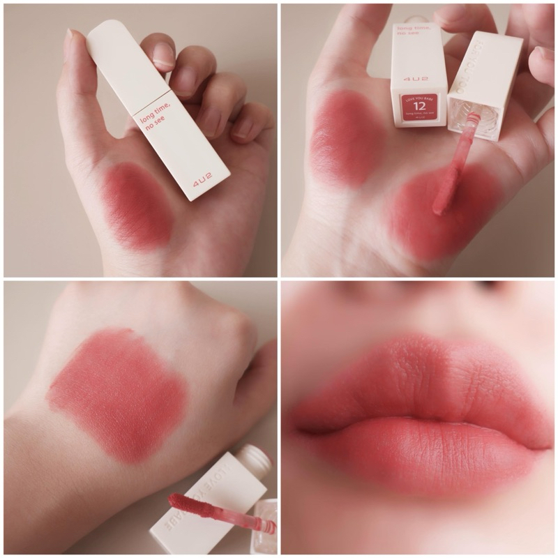 ลิป 4U2 รุ่นใหม่อีกสี Love you babe tint matte เบอร์12 แดงอมชมพู สีน่ารักมาก รอดทุกสีผิว