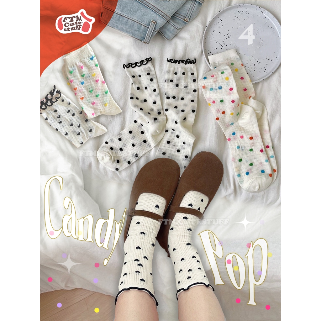 (พร้อมส่ง) ถุงเท้าข้อกลาง รุ่น 𝐂𝐚𝐧𝐝𝐲 𝐩𝐨𝐩 ถุงเท้าลายหัวใจ ถุงเท้าลาย polka dot | FC085
