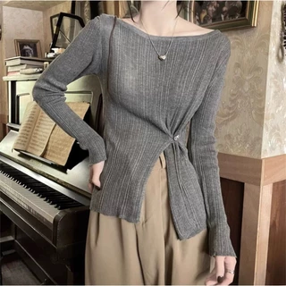 ส่งทันที Cici(NO. X030/18CX65)เสื้อเเขนยาวไหมพรม ผ้าร่อง ดีเทลเเหวกชายเสื้อ แฟชั่นกระดุมติดข้าง สไตล์เกาหลี