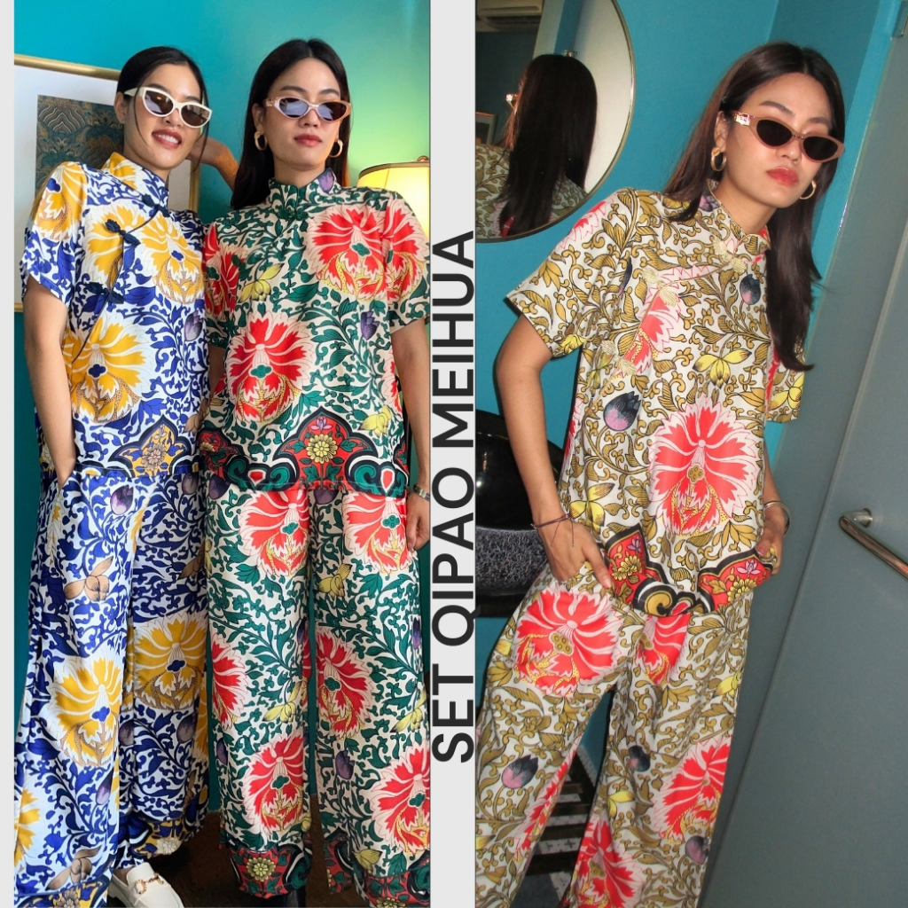 THONGYOY-Set qipao Meihua 3สี ชุดเซ็ทกี่เพ้าเเขนสั้น ชุดจีนออกงาน ชุดเที่ยวตรุษจีน ชุดลายดอก