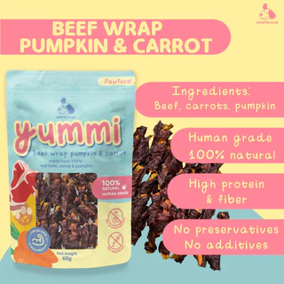 ขนมสุนัข เนื้อวัวพันแครอทและฟักทอง YUMMI ขนมเพื่อสุขภาพ ทำจากเนื้อและผัก 100%