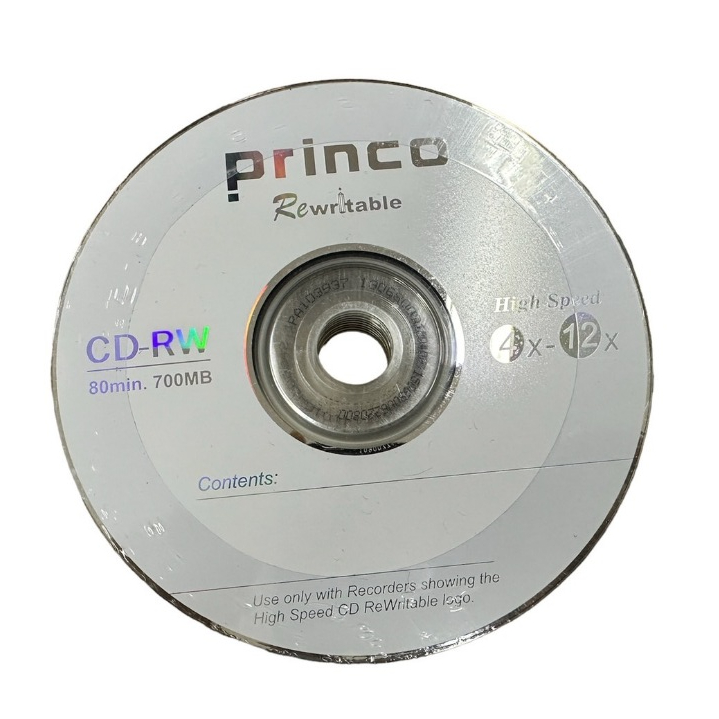 CD-RW (1 แพ็ค x 10 แผ่น)  ยี่ห้อ: Princo  ความจุ: 700 MB /แผ่น