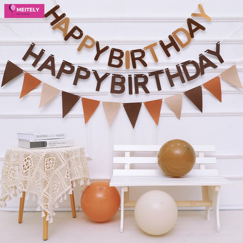 (ร้านไทย) ธงผ้าวันเกิด ธงสามเหลี่ยม เอิร์ธโทน งานจริงสวยมาก! แฮปปี้เบิร์ดเดย์ HBD  ( สีเอิร์ธโทน ธงผ้า ธงผ้าสามเหลี่ยม ต